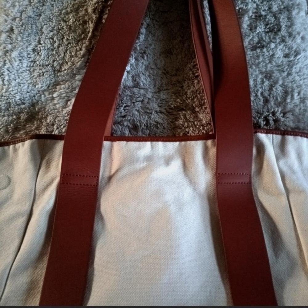 Cuyana Cream Colored Canvas Tote Bag with Caramel Color Leather Straps - Picture 4 of 6